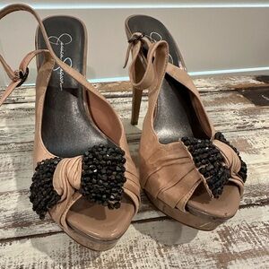 Jessica Simpson Tan Peep Toe Heels with Black Accents
